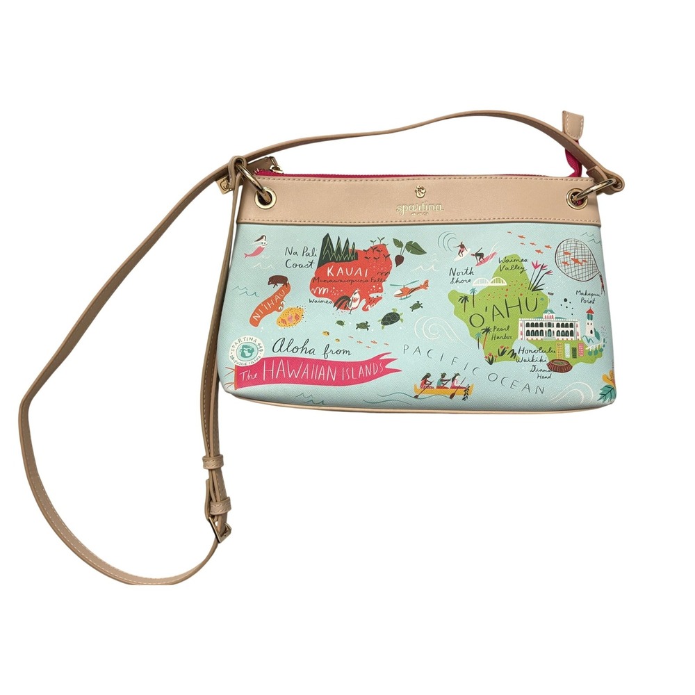 Spartina 449 Greetings from the Hawaiian Islands Map Crossbody Bag Blue Tan